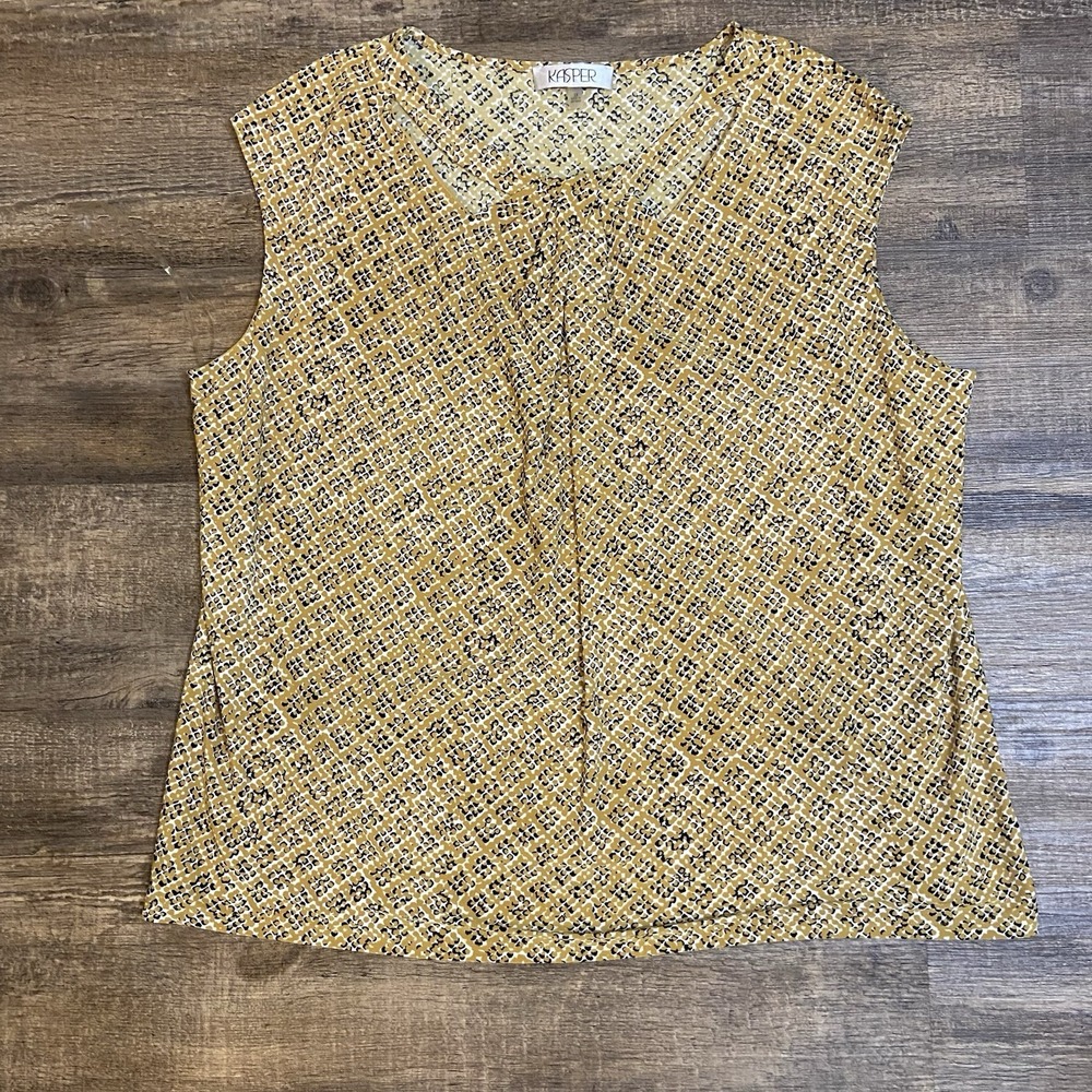 Kasper Sleeveless Blouse‎ Womens 3X Yellow Abstract Print Front Cutout Office